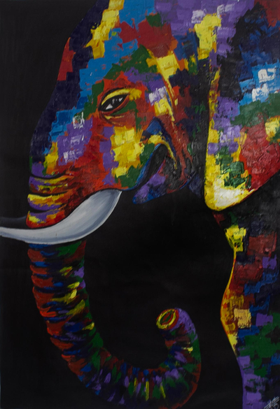Signed Acrylic Elephant Painting from West Africa