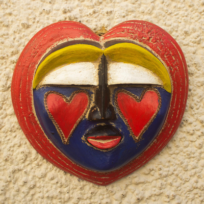 African wood mask, 'Anyo' - Copper-Accented Sese Wood Mask with Heart Motif