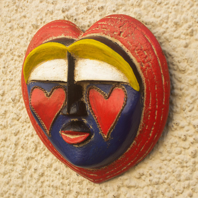 African wood mask, 'Anyo' - Copper-Accented Sese Wood Mask with Heart Motif
