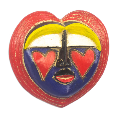 Máscara de madera africana - Máscara de madera de sésé con acentos de cobre y motivo de corazón
