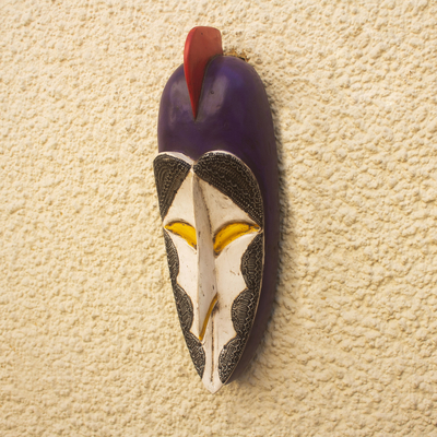Máscara de madera africana - Máscara de madera de sésé africana hecha a mano con placas de aluminio
