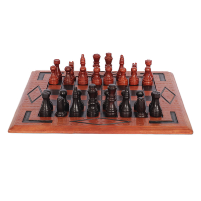 Wood and leather chess set, 'Spider' - Wood and leather chess set