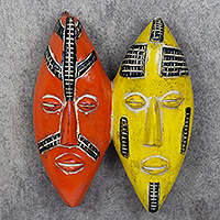 African wood mask, 'Colorful Couple' - Yellow and Orange Sese Wood Mask