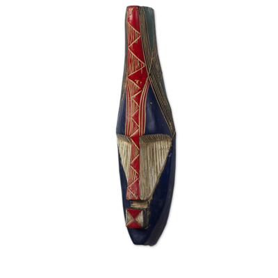 Afrikanische Holzmaske, 'Amewuga' - Handgefertigte afrikanische Sese-Holzmaske in Blau und Rot