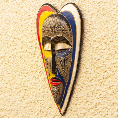 African wood mask, 'Console Me' - Handmade Sese Wood and Aluminum Plated Mask
