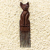 Mahogany wood wall art, 'Brown Cat' - Mahogany Wood Cat-Motif Wall Art