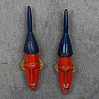 African wood masks, 'Brothers' (pair) - Hand Carved Sese Wood Masks from Ghana (Pair)