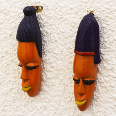 African wood masks, 'Efo Kple' (pair) - Hand Made Sese Wood Couple Masks (Pair)