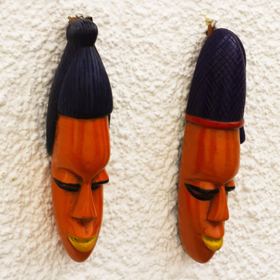 African wood masks, 'Efo Kple' (pair) - Hand Made Sese Wood Couple Masks (Pair)