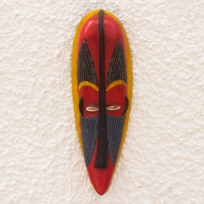 Afrikanische Holzmaske - Handgefertigte Maske aus Sese-Holz und Aluminium