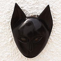 African wood mask, 'Feline of My Land' - Handcrafted Cat Sese Wood Mask from Ghana
