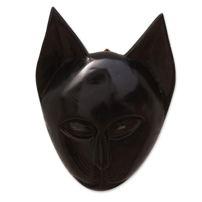 African wood mask, 'Feline of My Land' - Handcrafted Cat Sese Wood Mask from Ghana