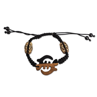 Ebony wood pendant bracelet, 'Gye Nyame' - Hand Made Ebony Wood Adinkra Symbol Pendant Bracelet