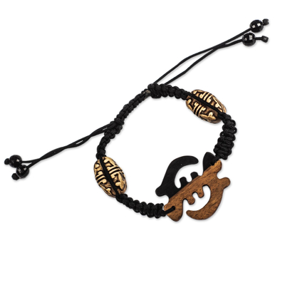 Ebony wood pendant bracelet, 'Gye Nyame' - Hand Made Ebony Wood Adinkra Symbol Pendant Bracelet