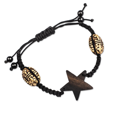 Ebony wood pendant bracelet, 'Black Night' - Ebony Wood Star-Motif Pendant Bracelet from Ghana