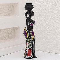 Sese wood sculpture, 'Ohemaa' - Sese Wood and Recycled Glass Bead Sculpture