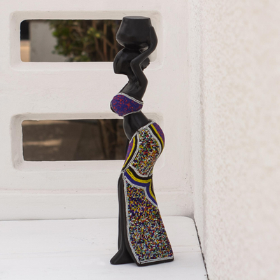 Sese wood sculpture, 'Ohemaa' - Sese Wood and Recycled Glass Bead Sculpture