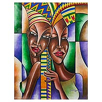 'Akuaba Sister Cooperation' - Signed Acrylic on Canvas Figure Painting
