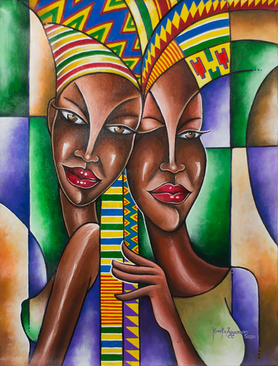 'Akuaba Sister Cooperation' - Signed Acrylic on Canvas Figure Painting