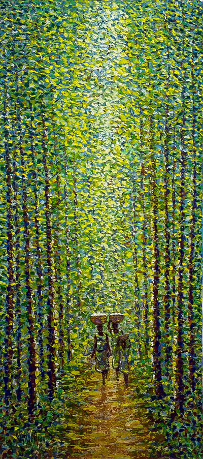'Forest Path II' - Pintura de bosque acrílica firmada sobre lienzo