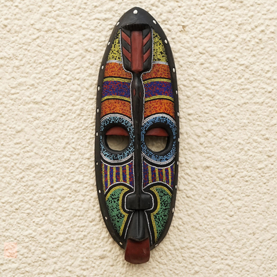 African wood mask, 'Whisperer' - Rubber Wood and Recycled Glass Bead Mask