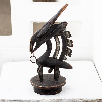 Wood sculpture, 'Wild Bambara' - Hand Carved Sese Wood and Iron Antelope Sculpture