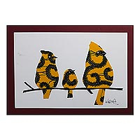 'Familia Feliz I' - Pintura acrílica de pájaros con tapete