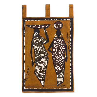 Cotton wall hanging, 'Sister Sister' - Painted Figurative Wall Hanging