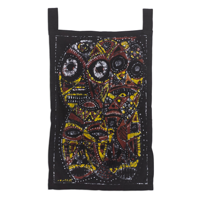 Cotton batik wall hanging, 'Ancestral Mask' - Signed Cotton Wall Hanging from Africa