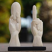 Bone statuette, 'Hands Down' - Bone and Ebony Wood Hands Statuette