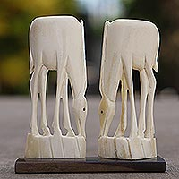 Bone statuette, 'Grazing' - Bone and Ebony Wood Antelope Statuette