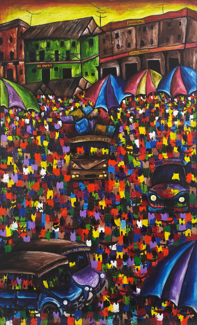 'Market Day II' - Acrylic and Jute Marketplace Painting from Ghana