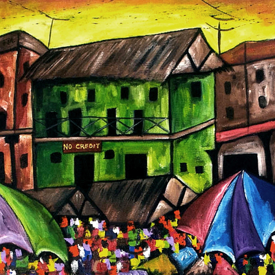 'Market Day II' - Acrylic and Jute Marketplace Painting from Ghana