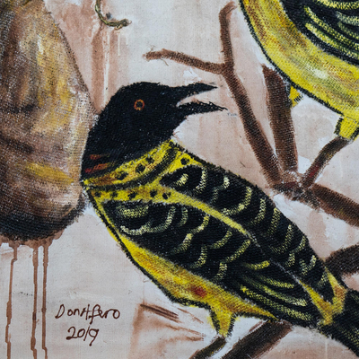 'Birds' - Acrylic and Jute Bird Painting on Canvas