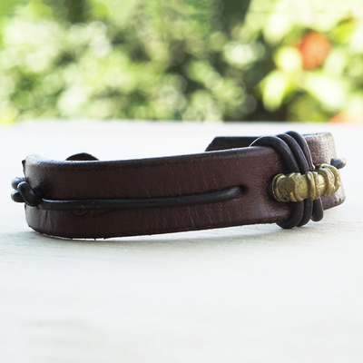 Men's leather wristband bracelet, 'Fortunate Son in Brown' - Men's Leather and Brass Wristband Bracelet