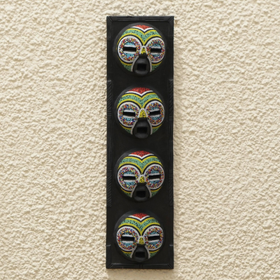 Wood wall art, 'Moon Mask' - Sese Wood and Brass Plated Wall Art