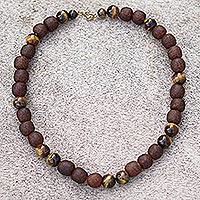 Tiger's eye beaded necklace, 'Afumwaa' - Tiger's Eye and Recycled Glass Beaded Necklace