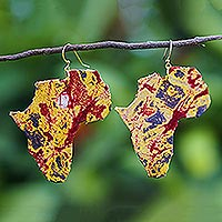 Cotton batik dangle earrings, 'Find Unity' - African Cotton Batik and Brass Dangle Earrings