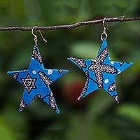 Cotton dangle earrings, 'Big Star' - Cotton and Brass Star Dangle Earrings