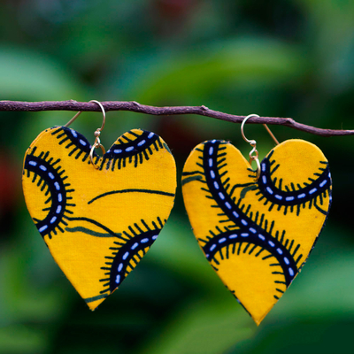Cotton dangle earrings, 'Friendly Love' - Cotton and Brass Heart Dangle Earrings
