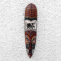 Afrikanische Holzmaske, „Akono“ – Elefantenmaske aus Sese-Holz und Aluminium