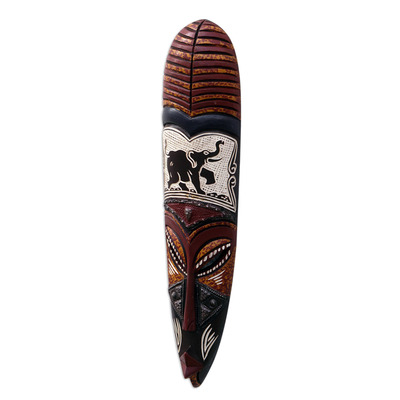 Afrikanische Holzmaske, „Akono“ – Elefantenmaske aus Sese-Holz und Aluminium