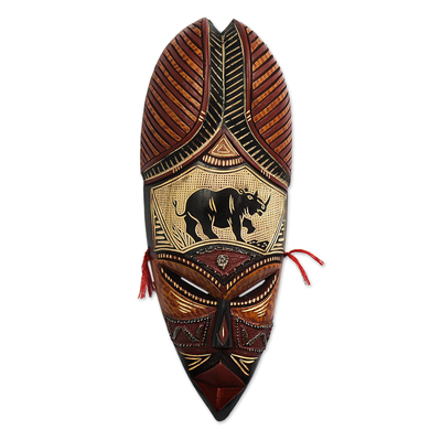 Máscara africana de madera, 'Asempa' - Máscara africana chapada en aluminio y latón