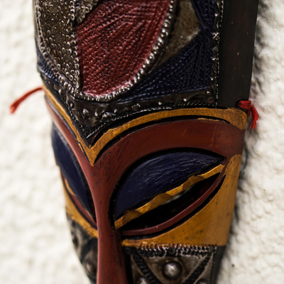 African wood mask, 'Nkwa' - Hand Carved Sese Wood and Aluminum Plated Mask