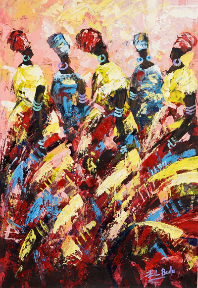 'Desfile del Día de la Mujer' - Pintura expresionista acrílica sobre lienzo