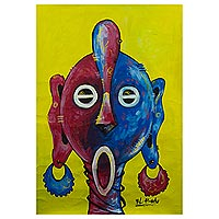 'Peace Mask' - World Peace-themed Red and Blue Acrylic on Canvas Painting