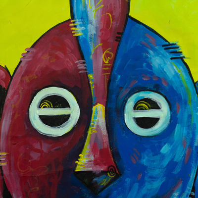 'Peace Mask' - Pintura acrílica sobre lienzo roja y azul con el tema de la paz mundial