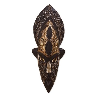 African wood mask, 'Ashanti King' - Hand Made Sese Wood and Aluminum Plated Mask