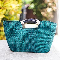 Natural fiber handle handbag, 'Saturday Market in Green' - Natural Fiber and Leather Handle Handbag