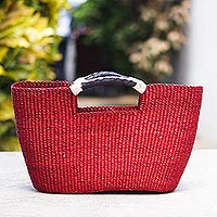 Natural fiber handle handbag, 'Rich Berry' - Red Raffia and Leather Handle Handbag
